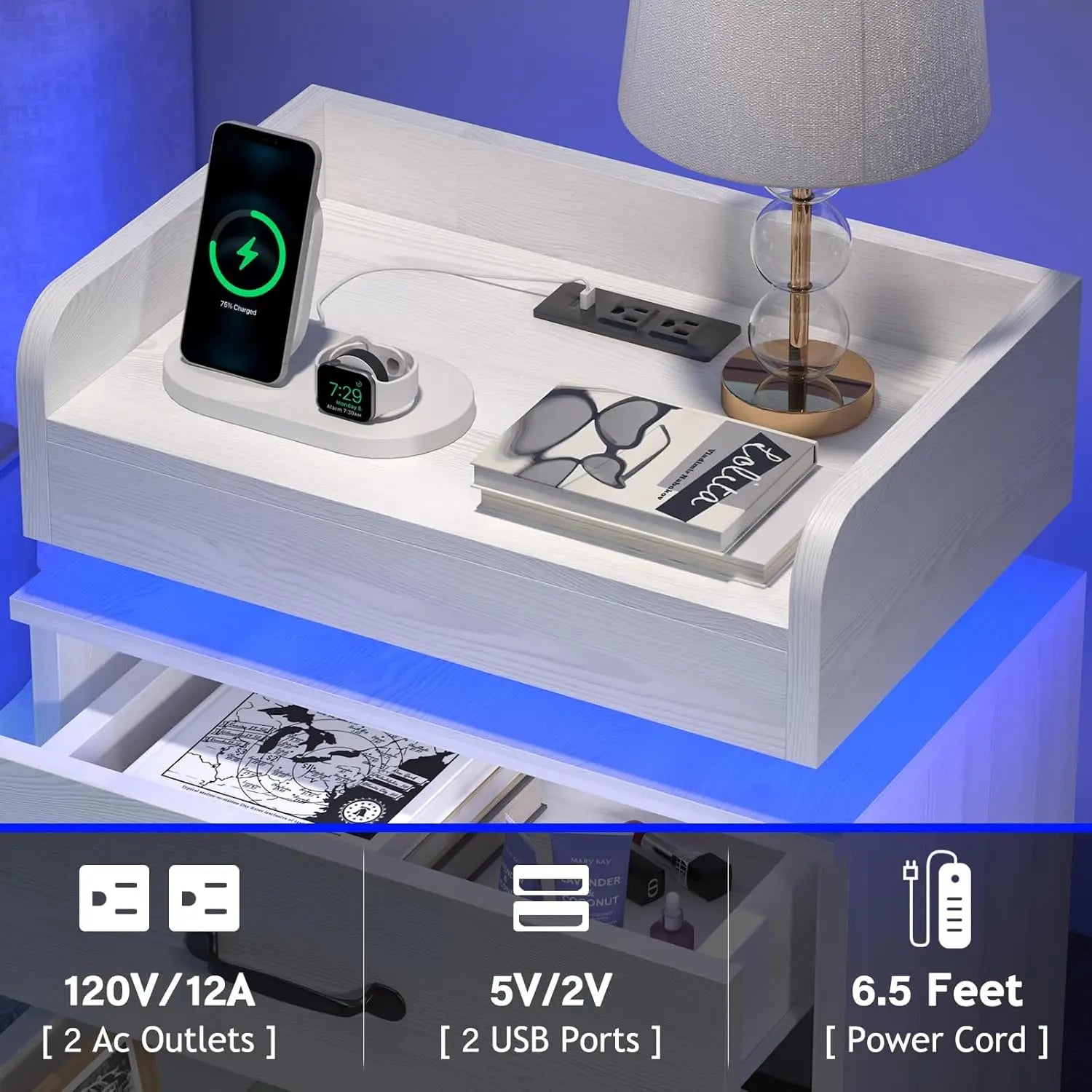 White Nightstand Set 2 Charging Station LED Lights Modern Bedroom Living Room End Table 2 Drawers, Customized