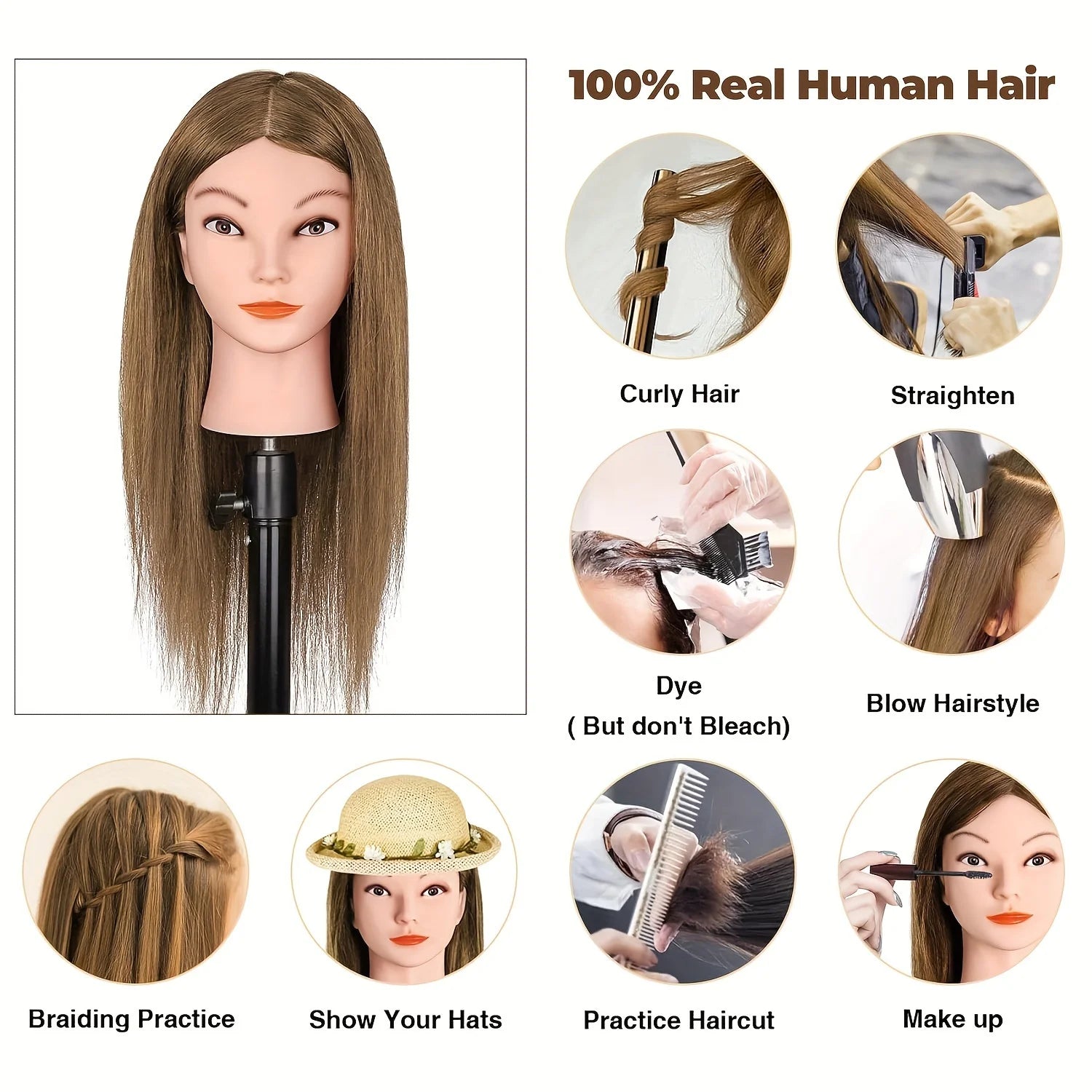 Mannequin Head Human Hair 100% Real Hair Mannequin Head For Beginners Hairdresser Manikin Doll HeadFor Hair Styling And Practice