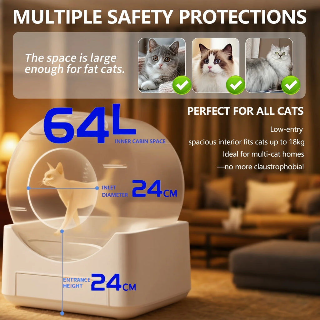 Self-Cleaning Cat Litter Box Automatic - 64L Large Capacity W/ FREE Waste Bags & TrackingMat, Smart APP-Controlled Odor-Free Des