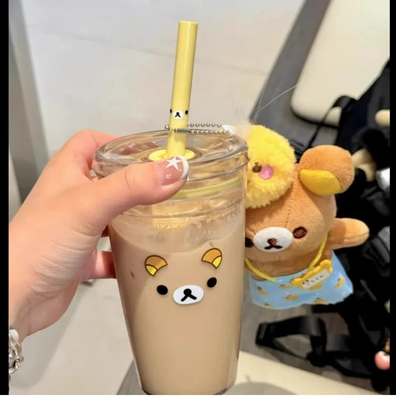 Rilakkuma Straw Cup Large Capacity Transparent Double Layer Cute Cartoon Cold Drinks Water Bottle Portable for Girls