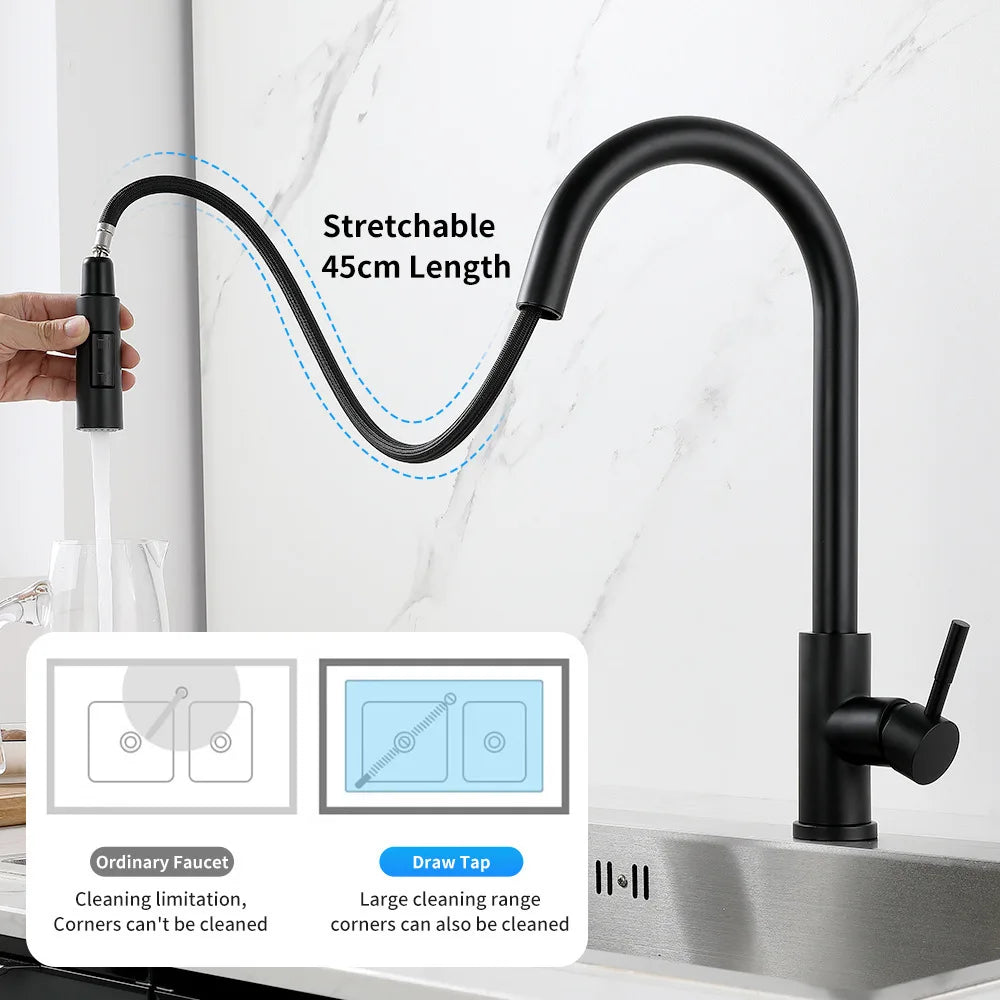 Stainless Steel Pull-Down Kitchen Faucet Brushed Nickel Hot/Cold Mixer Single Hole G1/2 Heavy-Duty for Kitchen Bath