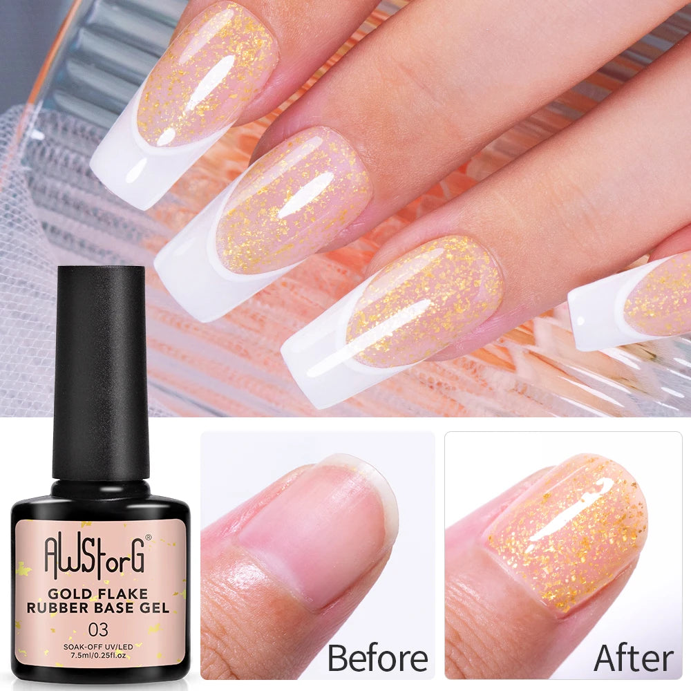 AWStorG 6Pcs 7.5ML Gold Flake Glitter Rubber Base Gel Kit Nail Polish Long Lasting Quick Extension Gel Nail Art UV Glue Builder