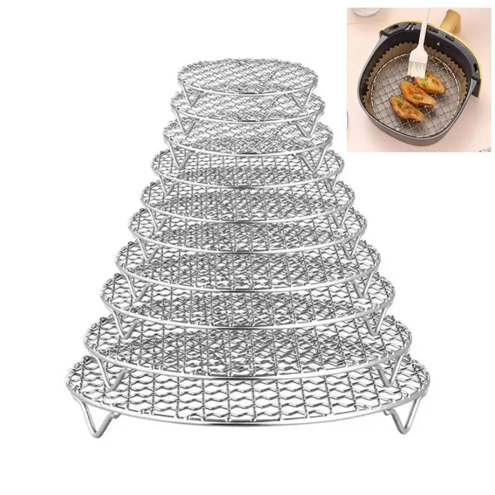 Portable Round Air Fryer Rack Stackable with Foot Grid Grill Stainless Steel Cooling Rack Home Kitchen Oven Steamer Cooker