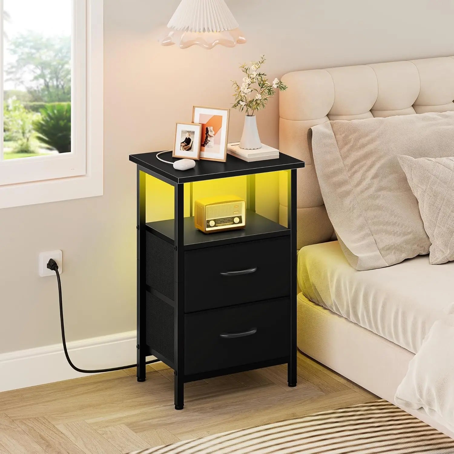 2-Piece LED Nightstand Set with Charging Station, Fabric Drawers & Storage Shelves for Bedroom