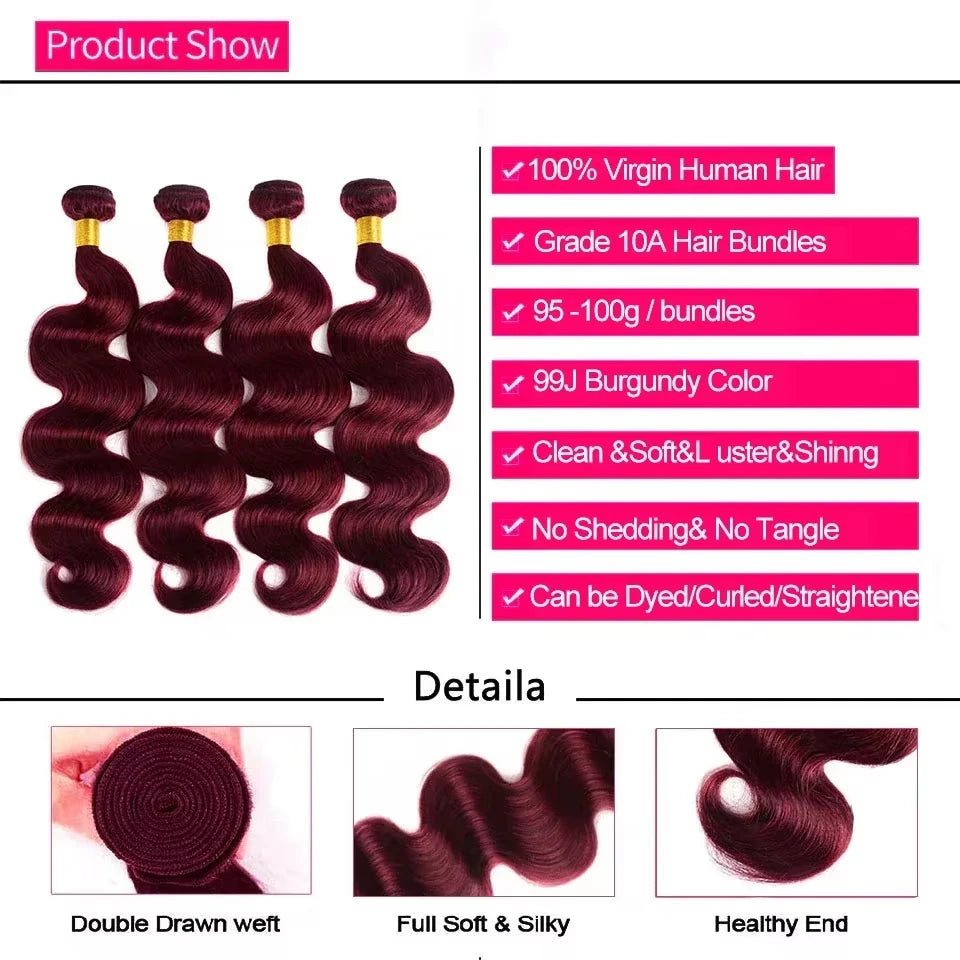 30 40 Inch 99j Body Wave Bundles Human Hair Burgundy 3 4 Bundles Raw Hair 100% Unprocessed Raw Hair Real  Human Hair Extensions