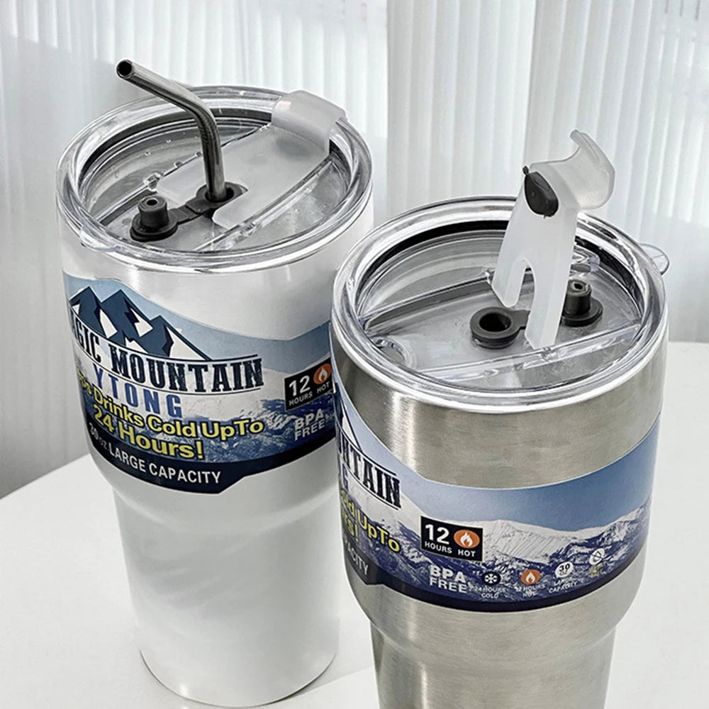 Stainless Steel Portable Coffee Cup With Lid And Straw, Hot And Cold Spill-Proof Travel Cup, Suitable For Cars, Daily, Travel