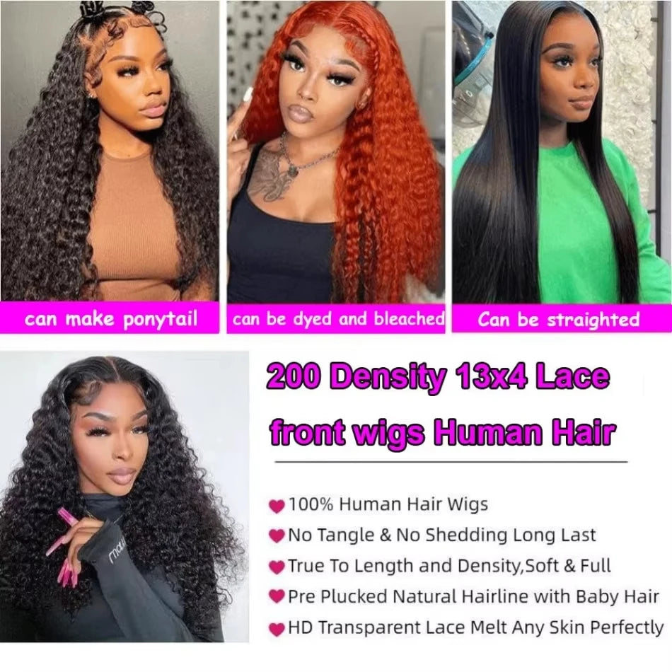 38 44 inch black hd lace frontal wig pre plucked front 13x6 13x4 kinky curly deep water wave 250 high density human hair wigs
