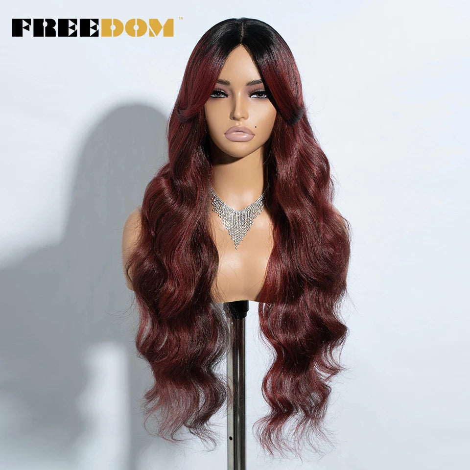 FREEDOM Synthetic Lace Wigs For Black Women 28inch Long Body Wave Middle Part Lace Wig With Bangs Ombre Blonde Brown Cosplay Wig