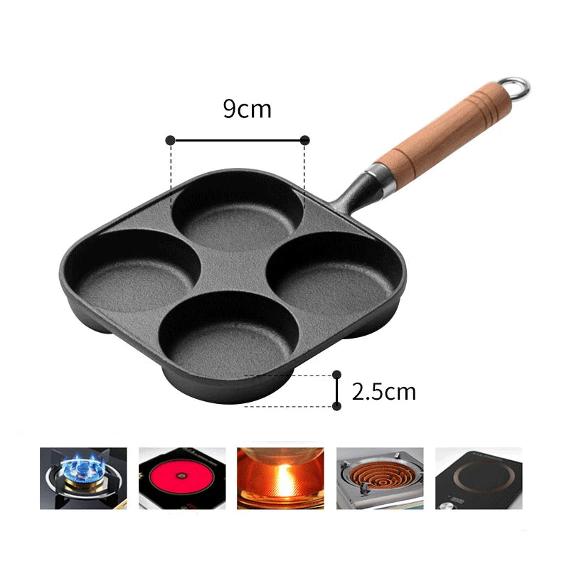 Cast iron four-hole omelette pan non-stick chemical-free coating breakfast pan household egg hamburger baking pan cooking tools