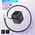 ASOMETECH 70W GaN Charger With Retractable Type C Cable 45W PD QC PPS Travel Charger for iPhone 16 Laptop Macbook Tablet Samsung