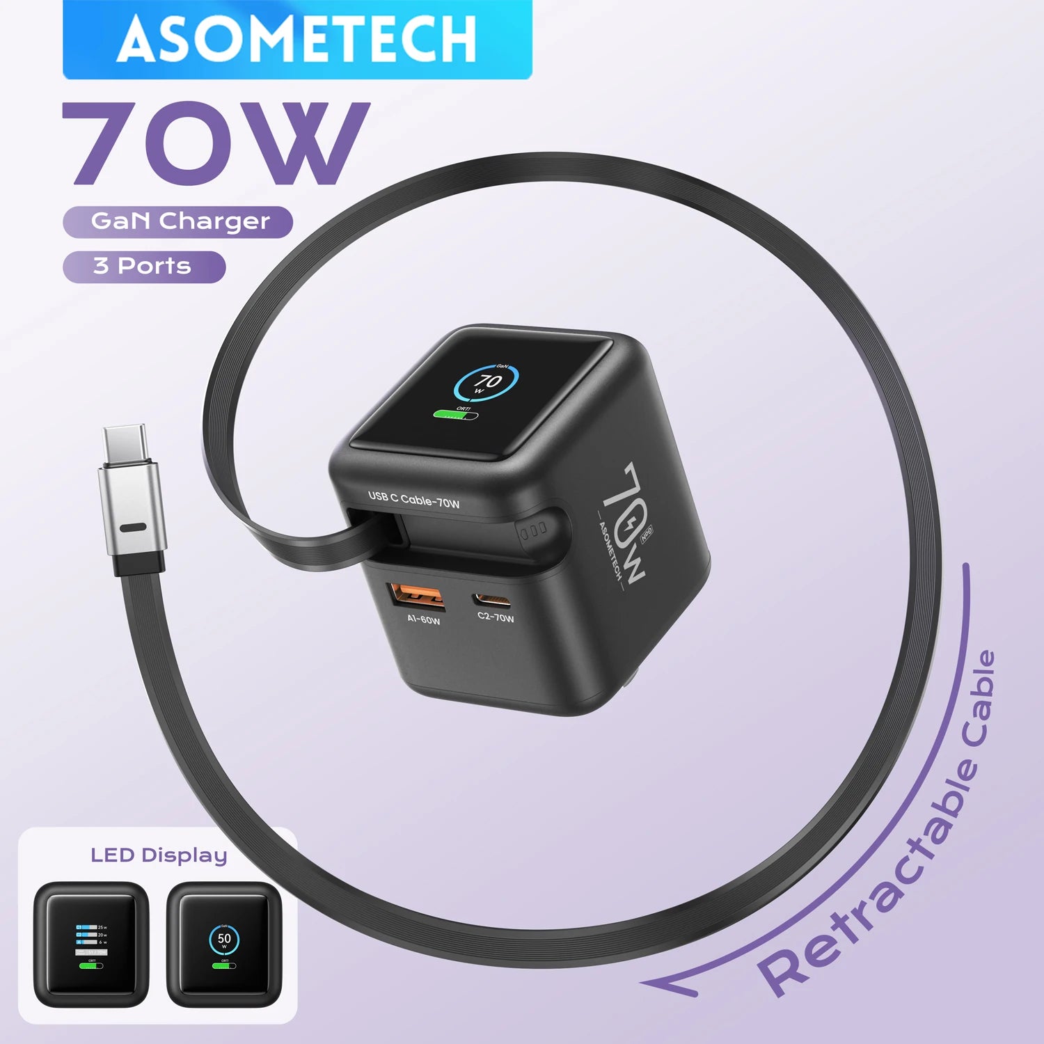 ASOMETECH 70W GaN Charger With Retractable Type C Cable 45W PD QC PPS Travel Charger for iPhone 16 Laptop Macbook Tablet Samsung
