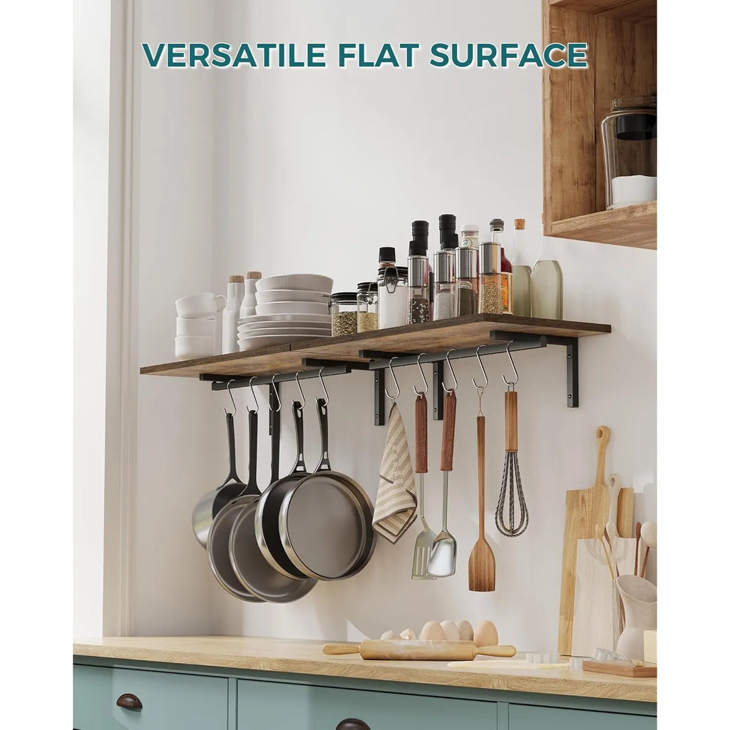 2 Pack Wooden 23.6'' Pot Pan Hanging Rack Wall Mounted with 10 S Hooks, Set of 2 Large Pot Wall Holder Kitchen Shelves.