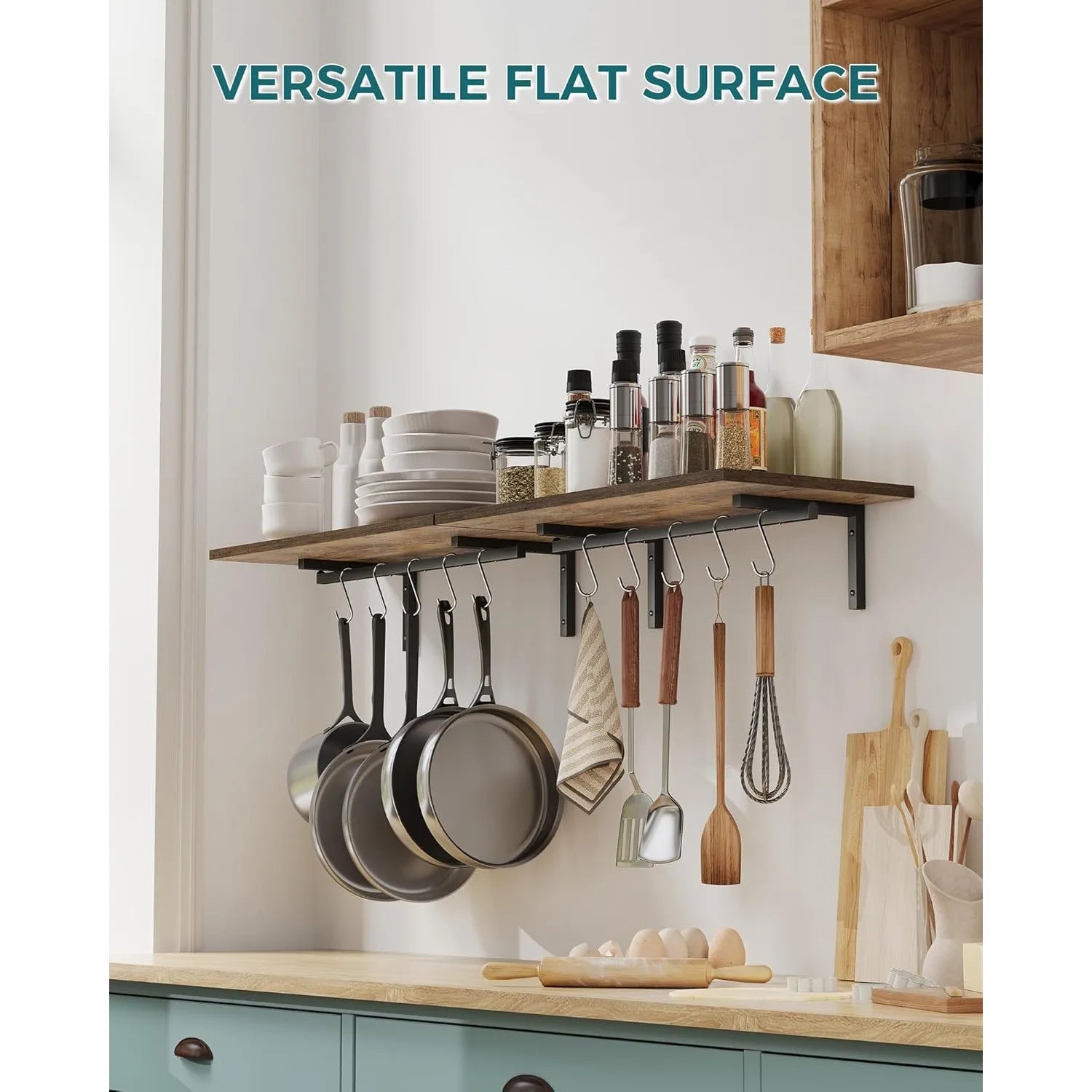 2 Pack Wooden 23.6'' Pot Pan Hanging Rack Wall Mounted with 10 S Hooks, Set of 2 Large Pot Wall Holder Kitchen Shelves.