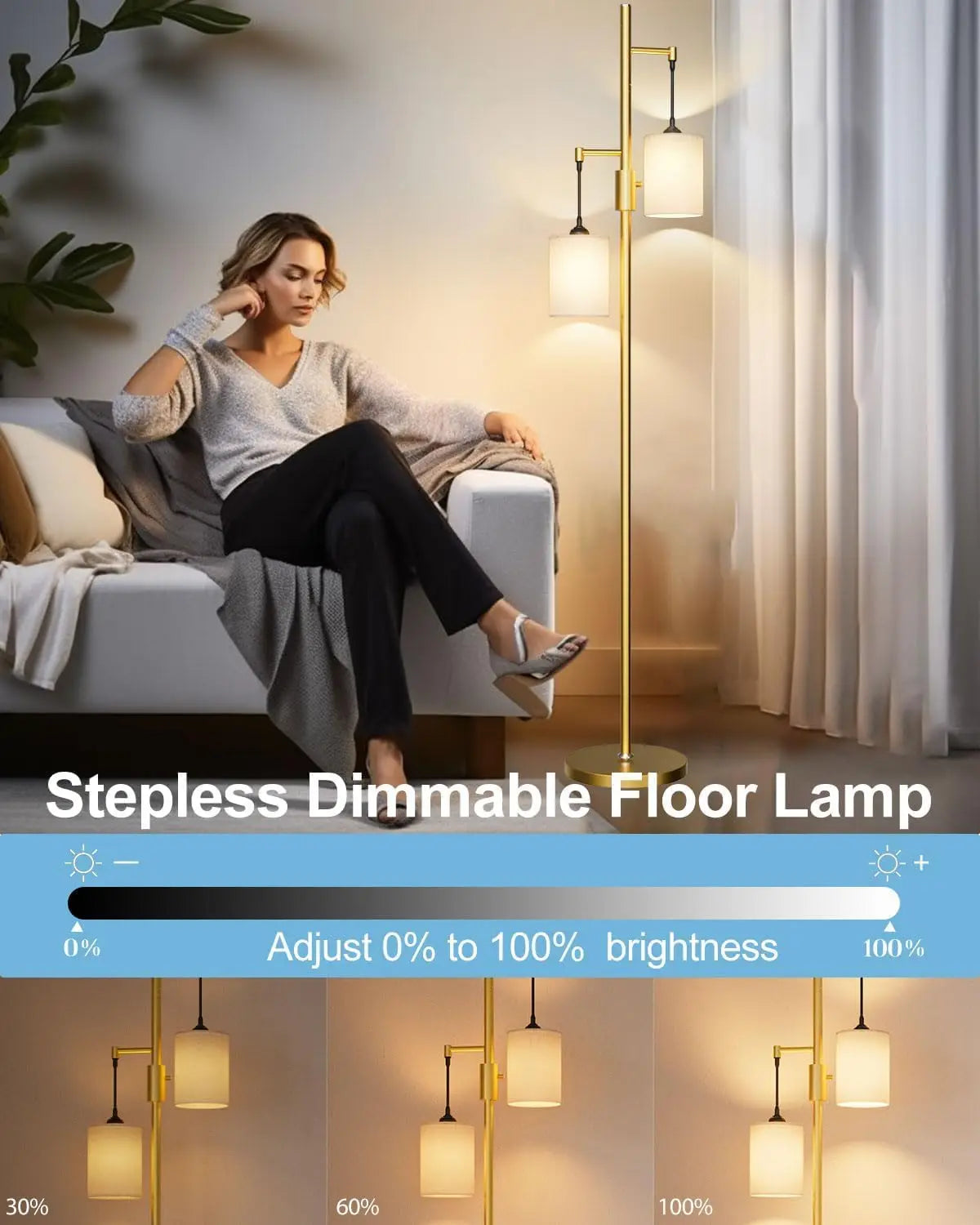 65IN Dimmable Tree Floor Lamp with LED Bulbs, Industrial Design for Living Room Bedroom Office