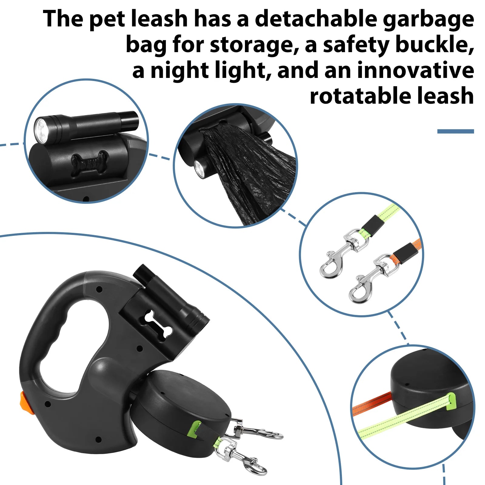 2 IN 1 Retractable Dog Leash 3M Reflective Dog Walking Leash with Light and Garbage Bag Compartment for Small Medium Dogs