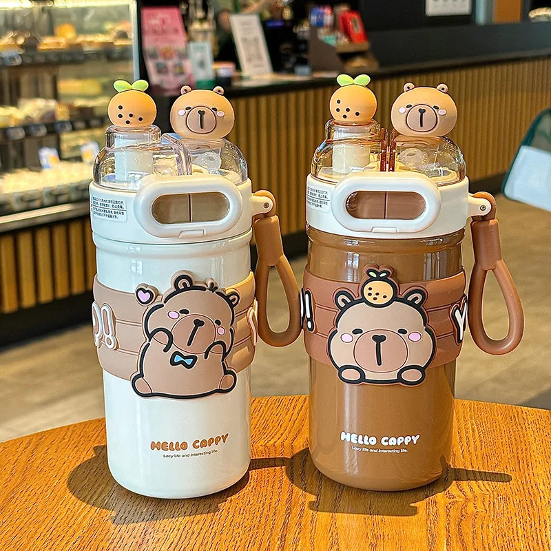 520ml Capybara Simplicity 316 Stainless Steel Vacuum Cup With Straw Strap Double Drink Portable Student Water Bottle