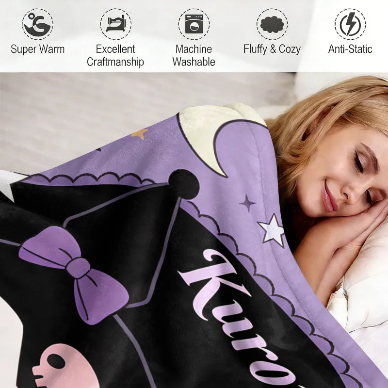 Gothic Kuromi Flannel Blanket Soft Cozy Plush Warm Throw For Sofa Bed Cover Office Nap Shawl Camping Multifunctional Blanket