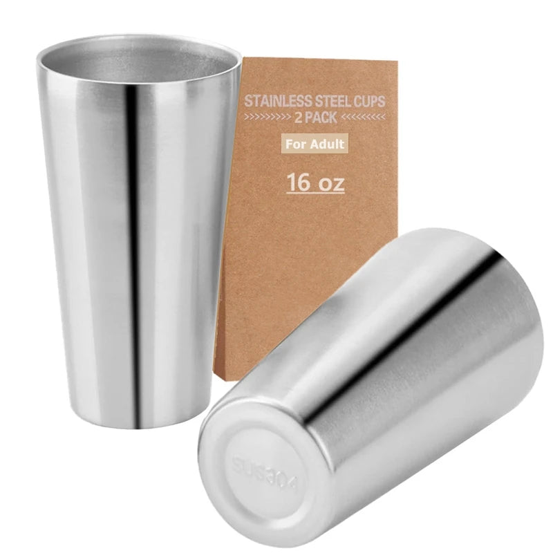 2 Pack Stainless Steel Cups 16oz Tumbler Stackable Double Wall Insulated Metal Drinking Glasses Home Office Party Camping