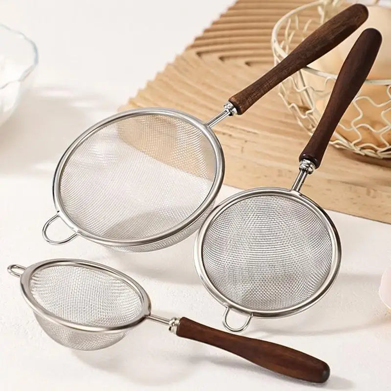 304 Stainless Steel Mesh Strainer Filter Spoon with Wooden Handle for Filtering Juices Residues Flour Fried Food Kitchen Tool