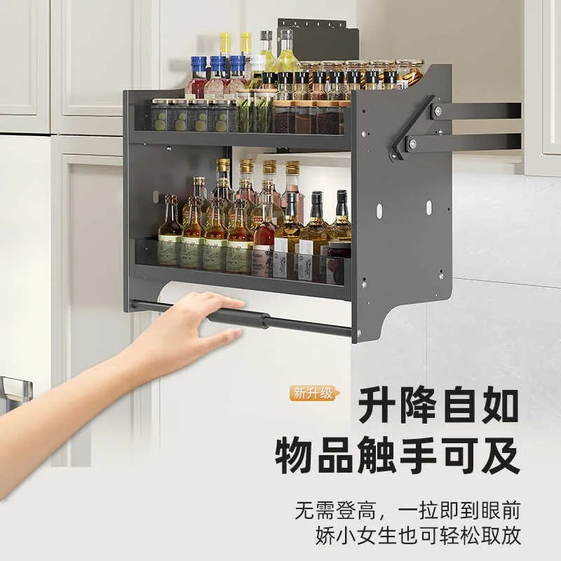 Kitchen renovation, hanging cabinet lift and pull basket, cabinet up and down buffer, door-opening seasoning rack, seasoning pul