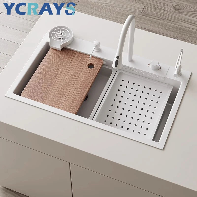 YCRAYS Nano Multifunction White Kitchen Sink Waterfall Faucet Large Single Bowl Wash Basin Cup Washer Pure Tap Soap Dispenser