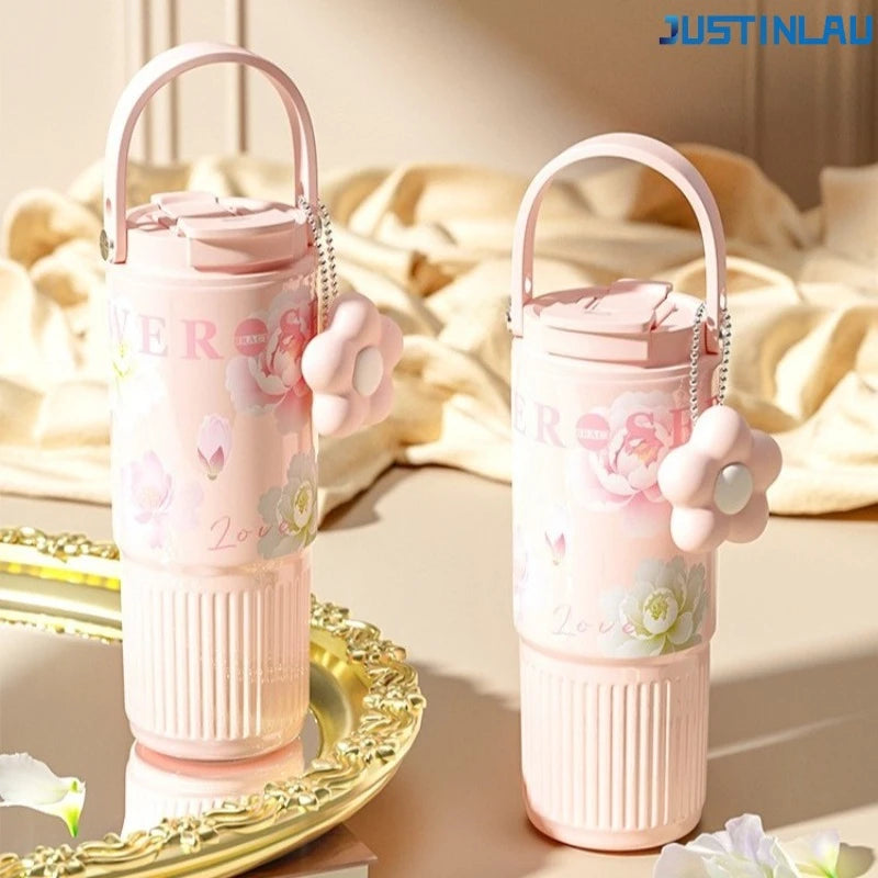 JUSTINLAU High Appearance Portable Straw Cup for Girls, Large Capacity Stainless Steel Insulated Cup Ice King Handheld Water Cup