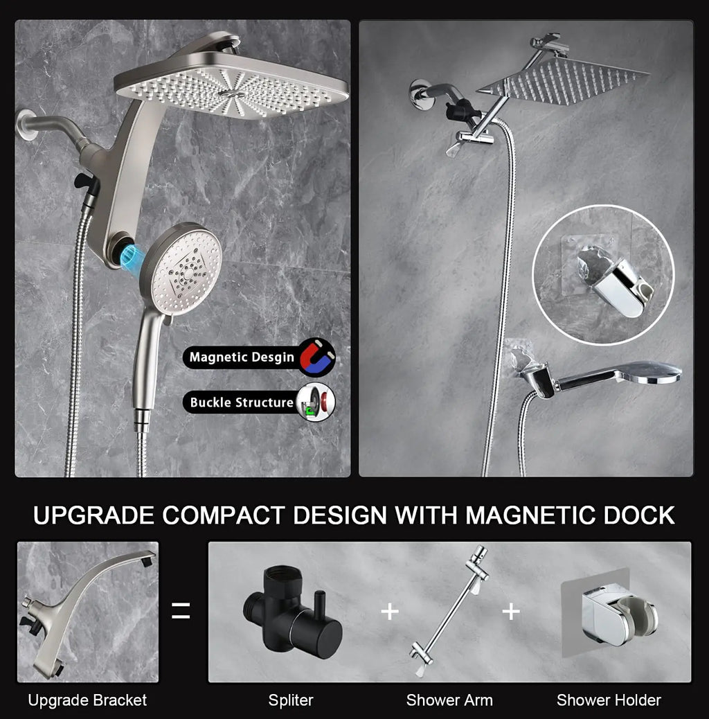 High Pressure Rain Shower Head with Handheld Spray Combo, Magnetic Docking and Power Jets