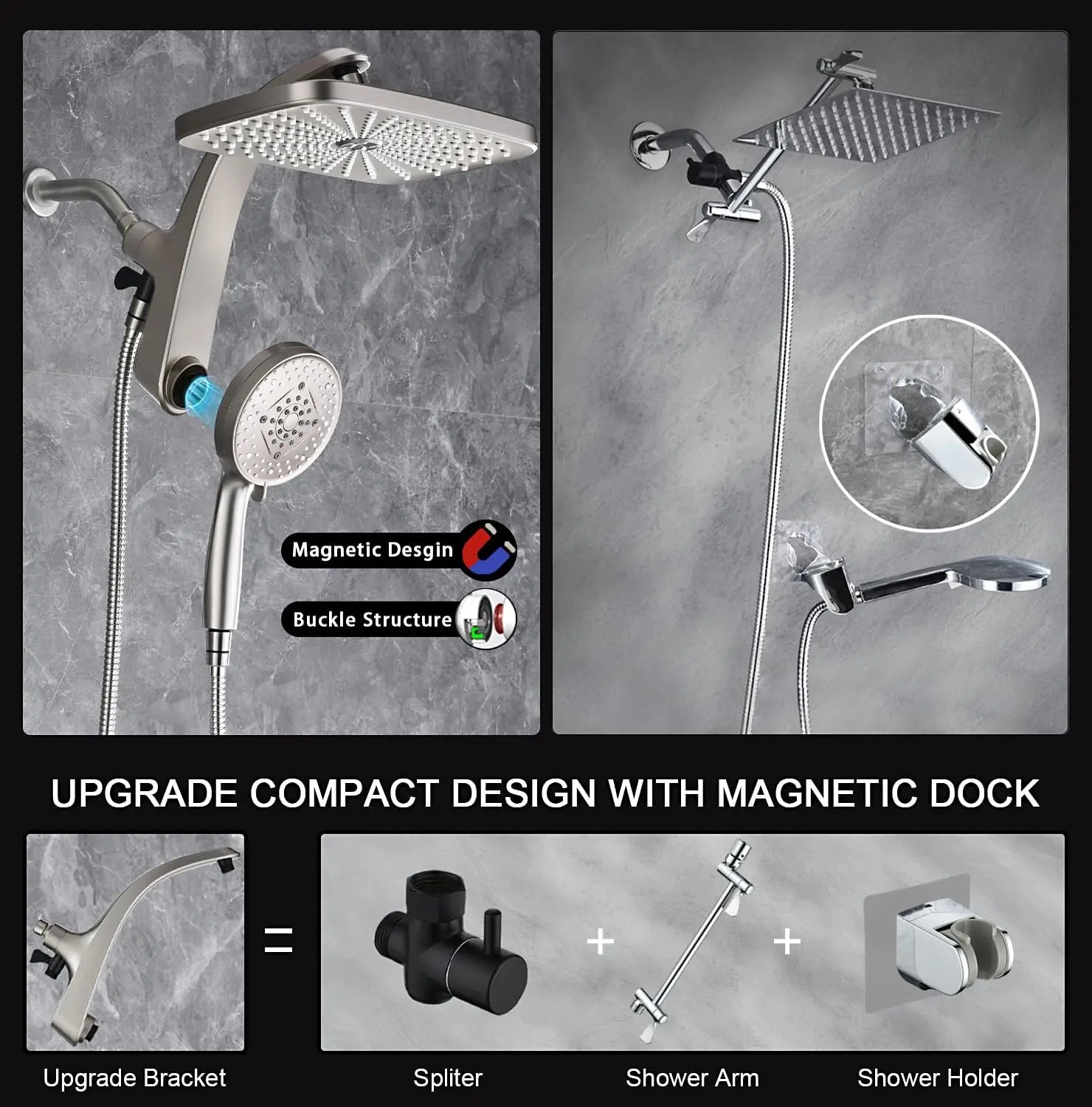 High Pressure Rain Shower Head with Handheld Spray Combo, Magnetic Docking and Power Jets