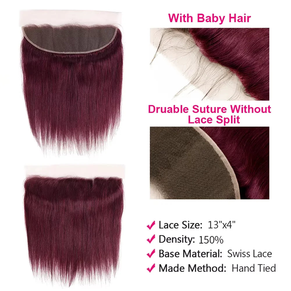 100% Human Hair Burgundy 99J Straight Bundles with Frontal 13x4 Brazilian Hair Weaving 3Pcs Bundles with Closure Raw Human Hair