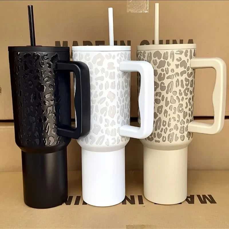 Leopard Print Fashionable Spicy Girl Thermos Cup with Large Capacity and Handle Water Cups Car Portable Thermos Cup Fashion Item