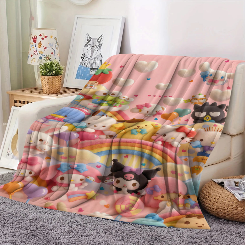 Cute Sanrio Characters Flannel Blanket Pink 3D Plush Rainbow Pattern Soft Plush Throw for Bed Sofa Hello Kitty Kuromi All Season