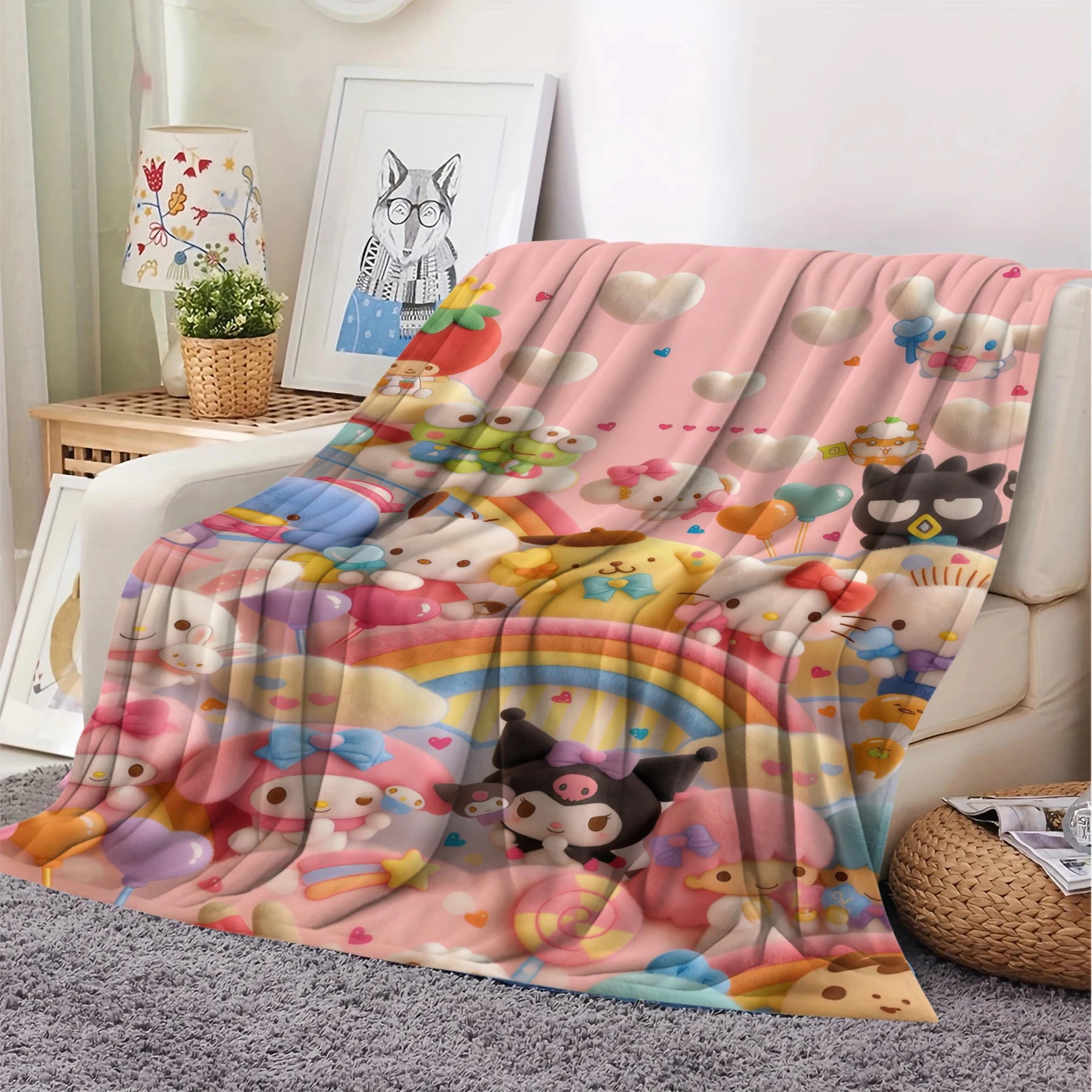Cute Sanrio Characters Flannel Blanket Pink 3D Plush Rainbow Pattern Soft Plush Throw for Bed Sofa Hello Kitty Kuromi All Season