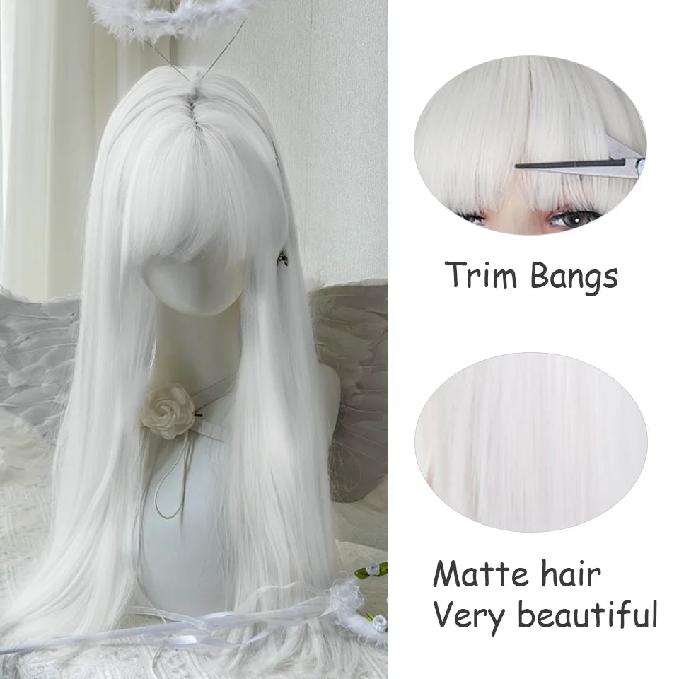 LUPU White Long Straight Wigs for Women with Bangs Natural Looking Synthetic Hair Wig for Halloween Cosplay Daily Use