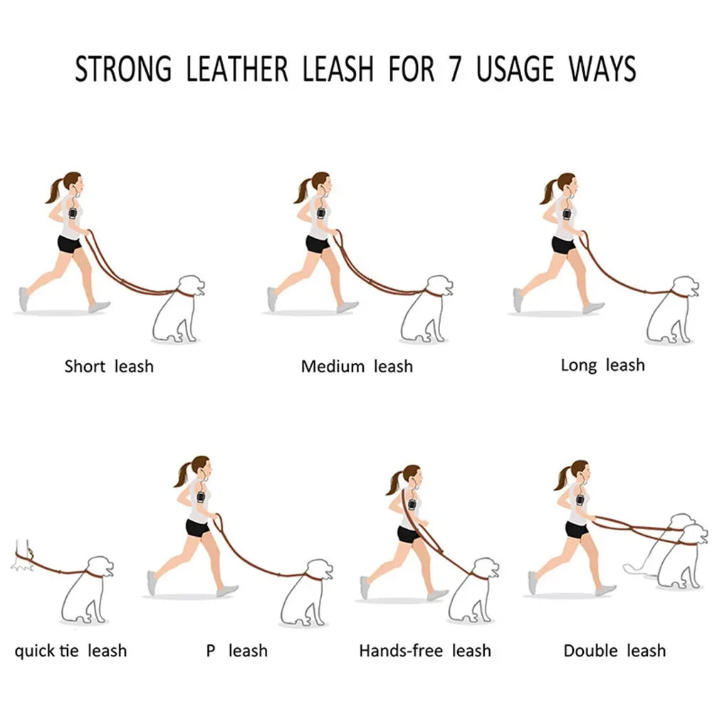 Genuine Leather Hands Free Adjustable Service Dog Leash Strong Multi Function Cross Body Leash for Dogs 7 Uses in One Pet Lead