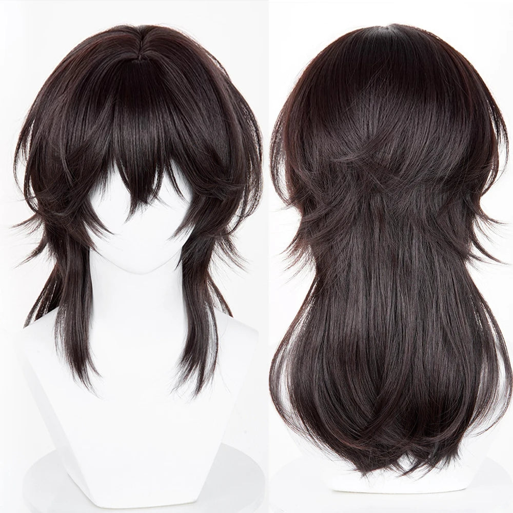 Brown Mullet Head Long Straight Synthetic Wigs with Bangs Fluffy Anime Game Cosplay Wig for Daily Party