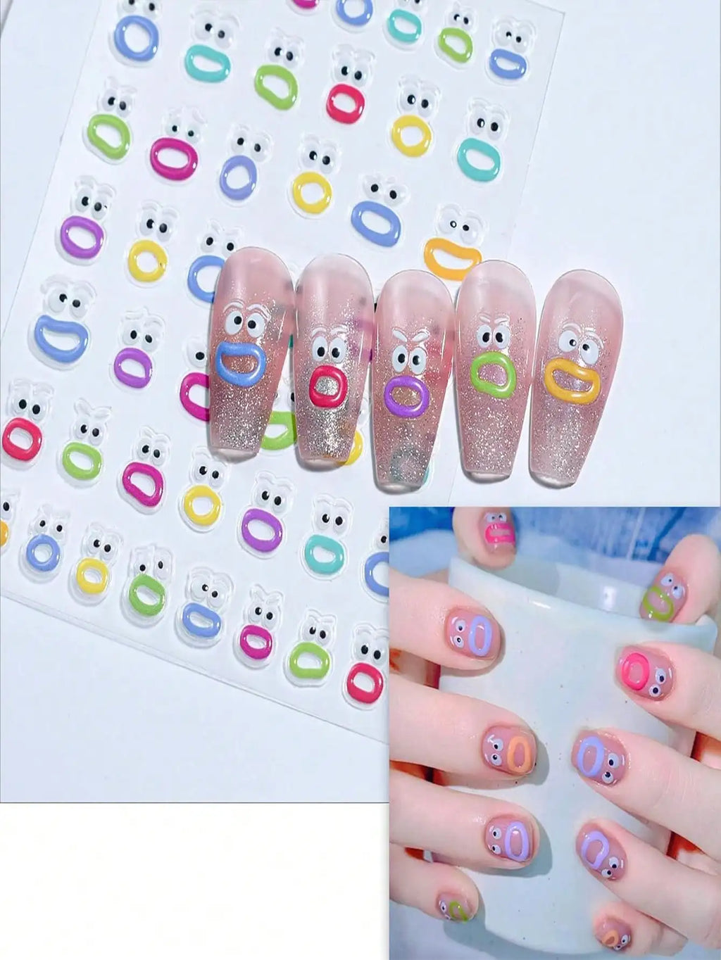 1sheet Mouth Monster Relief Nail Sticker – 3D Jelly Nail Sticker with Big Mouth Monster Eyes, Cartoon Face Nail Decal