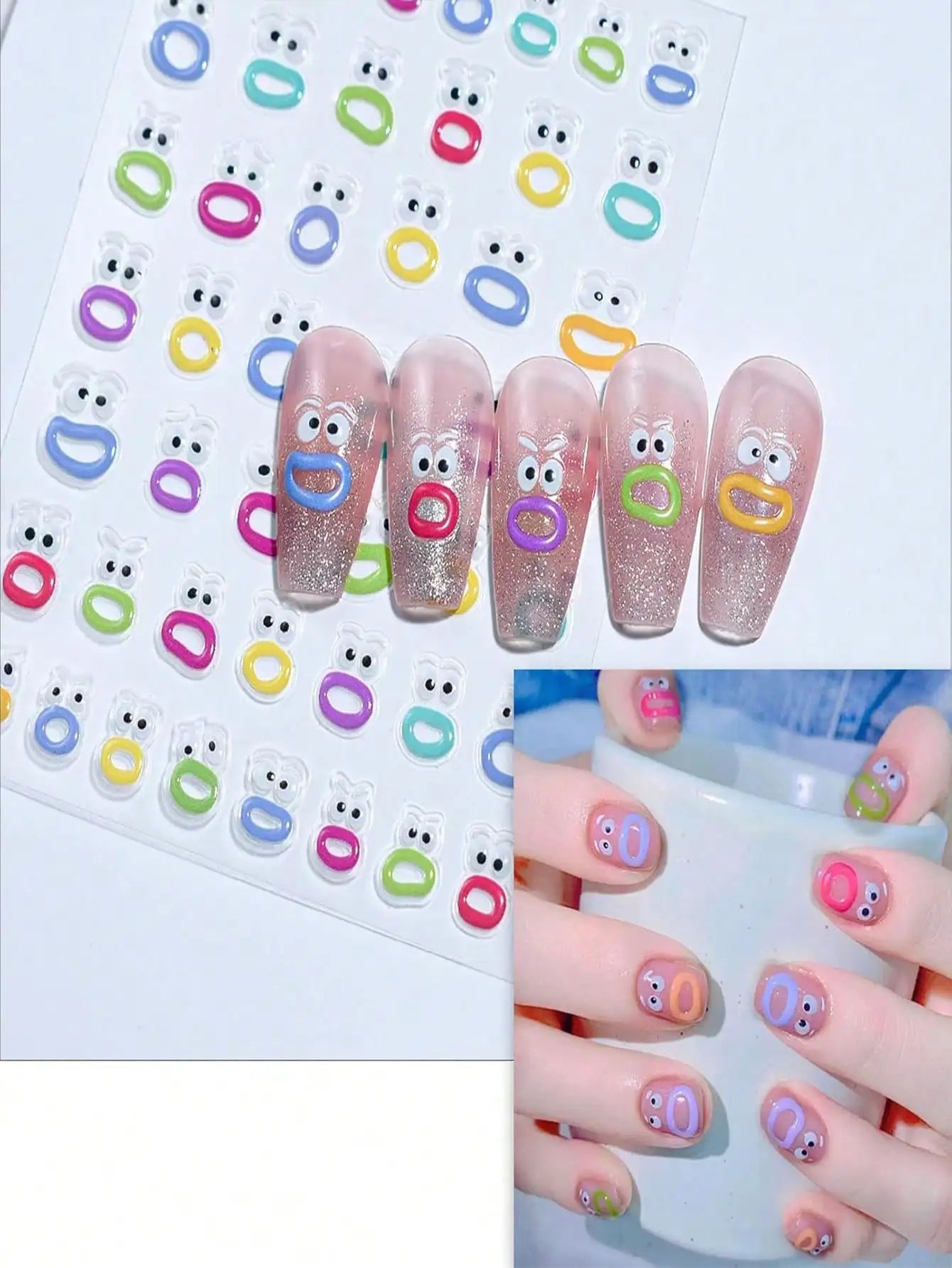1sheet Mouth Monster Relief Nail Sticker – 3D Jelly Nail Sticker with Big Mouth Monster Eyes, Cartoon Face Nail Decal