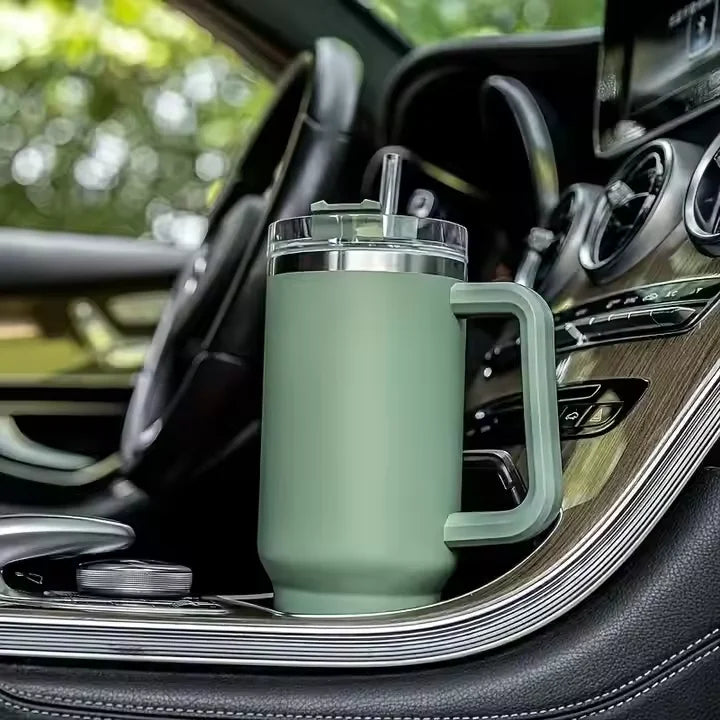 40oz Stainless Steel Car Cup Large Capacity Water Cup with Handle and Straw Double-walled Insulated Travel Mug Holiday Gifts