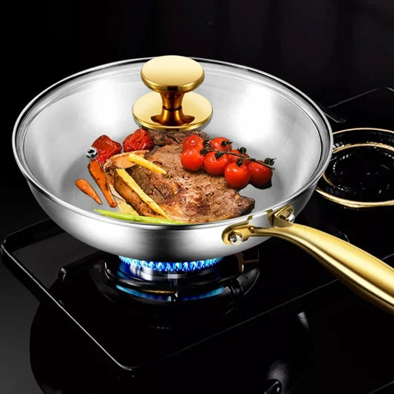3PCS/Set 316 Stainless Steel Gold Handle Frying Pan 2MM Thick Wok Pan 5 Ply Steel Food Grade Safety Non-Stick PansMultiple Sizes