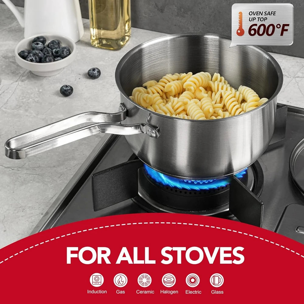 304 Stainless Steel SaucePan 1QT Induction Sauce Pan with Glass Strainer Lid Stainless Steel Sauce Pot Cooking Tools