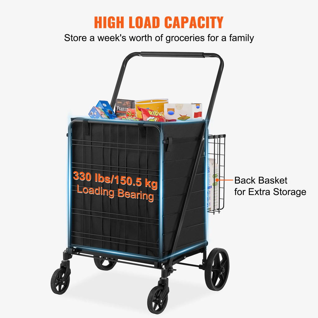 SucceBuy Folding Shopping Cart w/ Removable Waterproof Liner 106/330LBS Large Capacity 360° Swivel Wheels Dense Metal Mesh Base