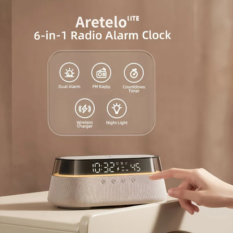 Aretelo 6-in-1 Bedside Wireless Charging Clock, 12/24H Multi-Mode Digital AlarmClock, FM Radio, Bluetooth Speaker, Smart Night L