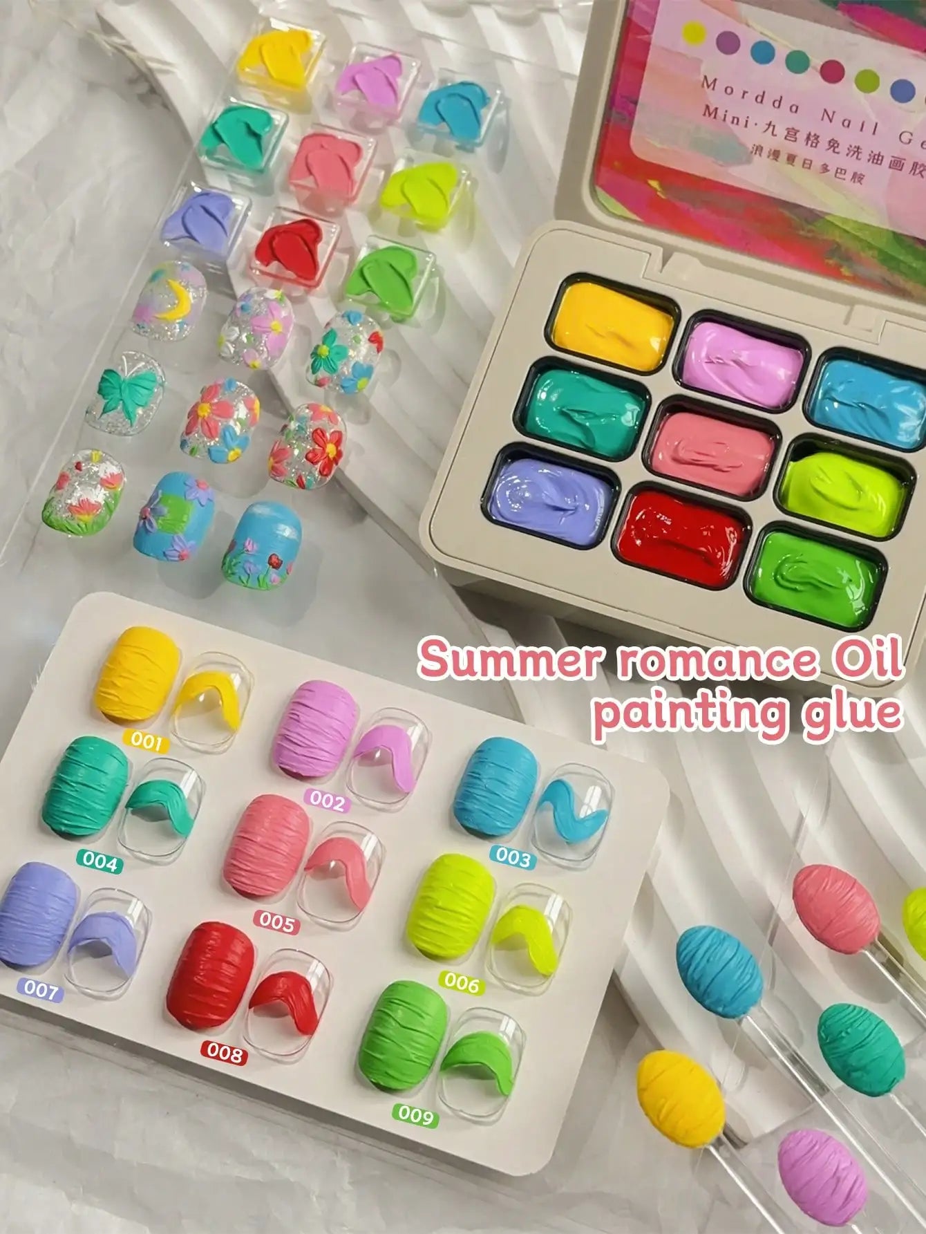 MORDDA 9pcs Summer Romance Oil Painting Glue Dopamine Color Suits, High Gloss Multi-Color Solid Gel Oil,Used For Nail Salons