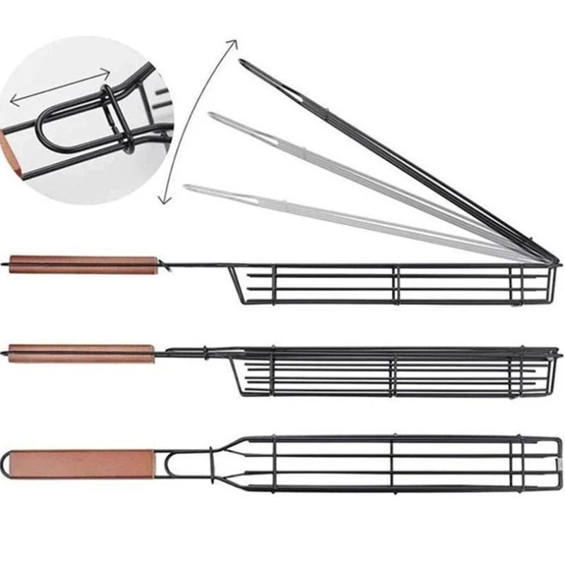 1/2/4PCS BBQ Grill Basket with Wooden Handle Reusable Nonstick  Lock Barbecue Mesh Clip for Outdoor Grill Vegetable Meat Hot Dog