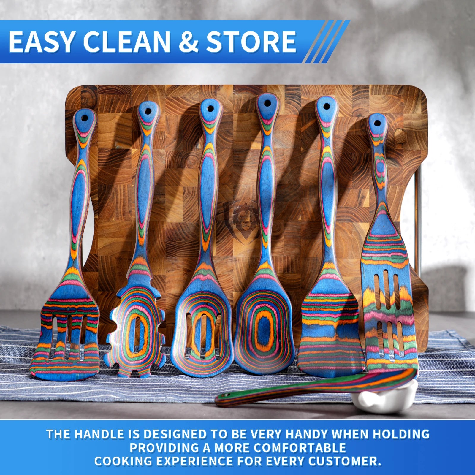 7Pcs Blue Pakkawood Wooden Cooking Utensils, Wooden Spoons For Cooking, Wooden Utensil Set.Pakkawood Utensils For Cooking.