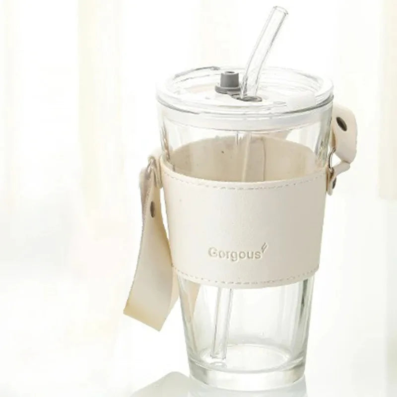 450ML High Beauty Wind Bamboo Glass Cup Summer Straw Large Capacity Women's Straw Cup