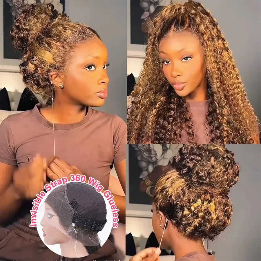Curly Highlight 360 Full Lace Wig Human Hair Pre Plucked Deep Wave Glueless Invisible Strap Lace Frontal Wig Honey Blonde Color