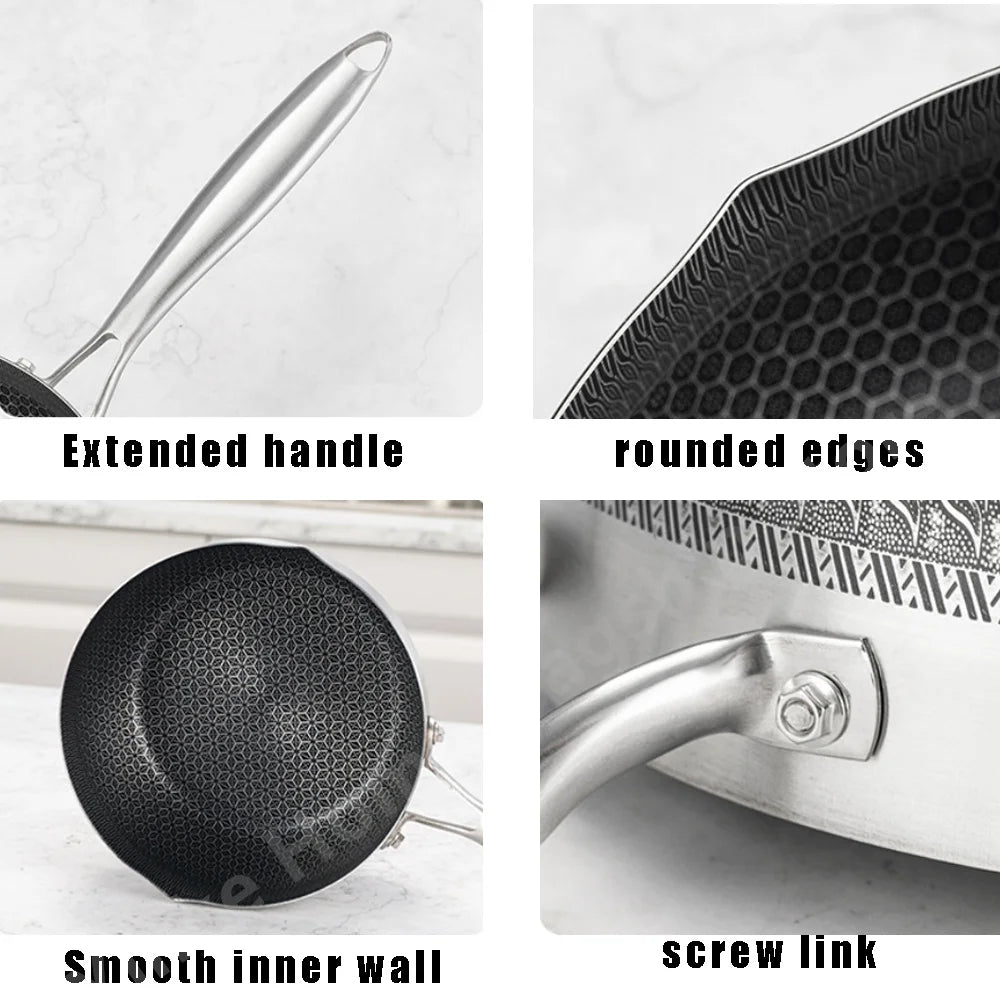 Stainless Steel Frying Pan Steak Cooking Honeycomb Non-Stick Pan Flat Bottom Wok Induction Cooker Universal Kitchen Cookware Pan