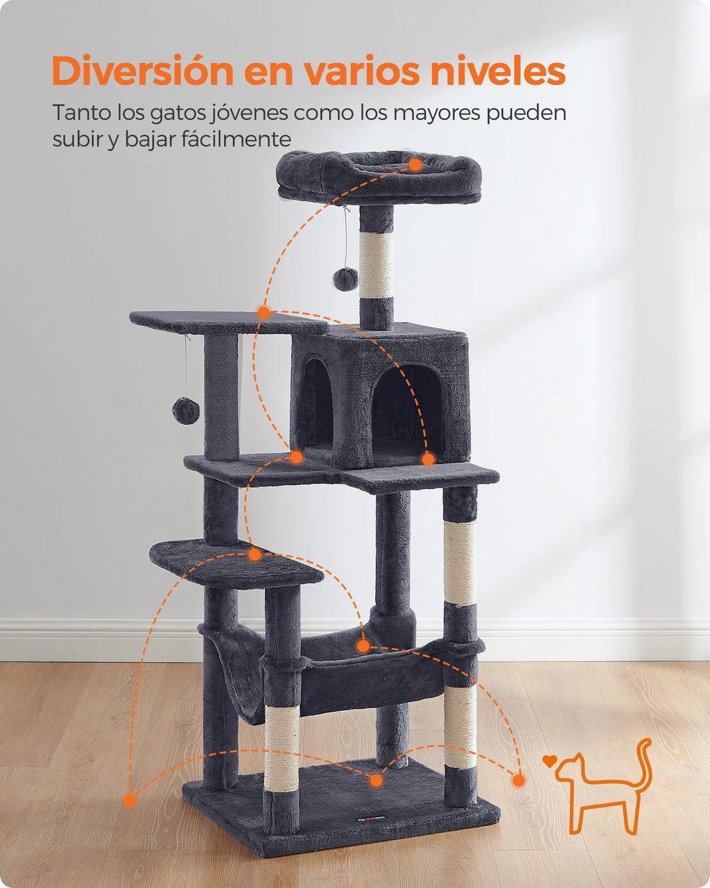 Feandrea Cat Tree, 143 cm Cat Tower for Indoor Cats,  Cat Condo with 4 Scratching Posts, 2 Perches,  Pompoms