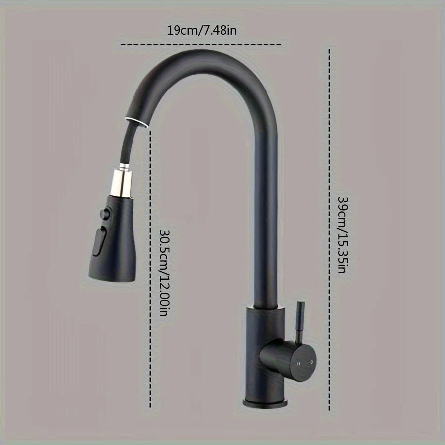 1 set of kitchen sink cold and hot pull-out stainless steel faucet with three-speed switch and rotatable water outlet mode